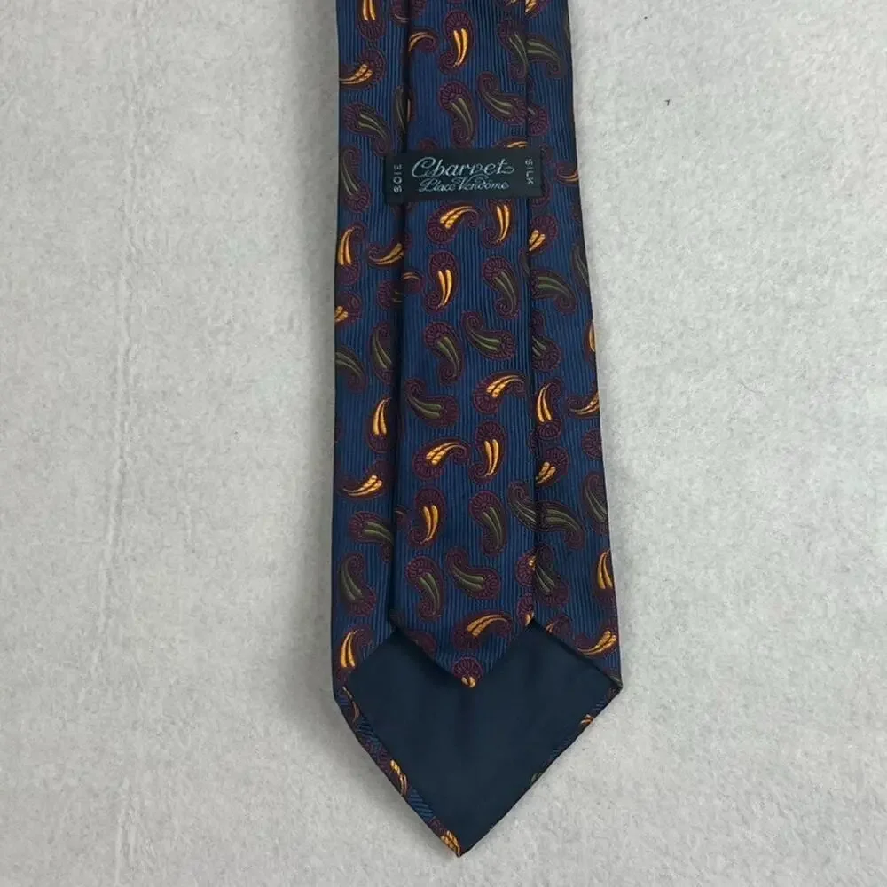 Charvet Place Vendome 100% Silk Men's Necktie Paisley Blue Made in France Satin